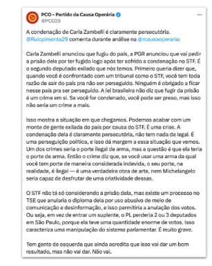 Condenação de deputada pelo STF é perseguição política afirma PCO, aliado de Lula. "Tem gente de esquerda que ainda acredita que isso vai dar um bom resultado, mas não vai dar”, afirma