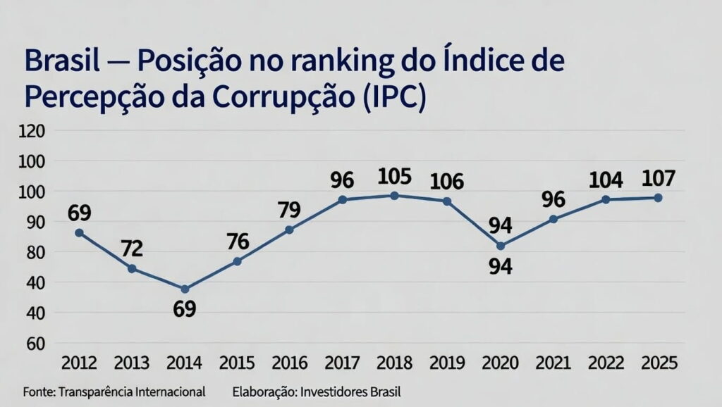 grafico da evolução da POSIÇÃO do Brasil no ranking do Índice de Percepção da Corrupção (IPC) da Transparência Internacional,