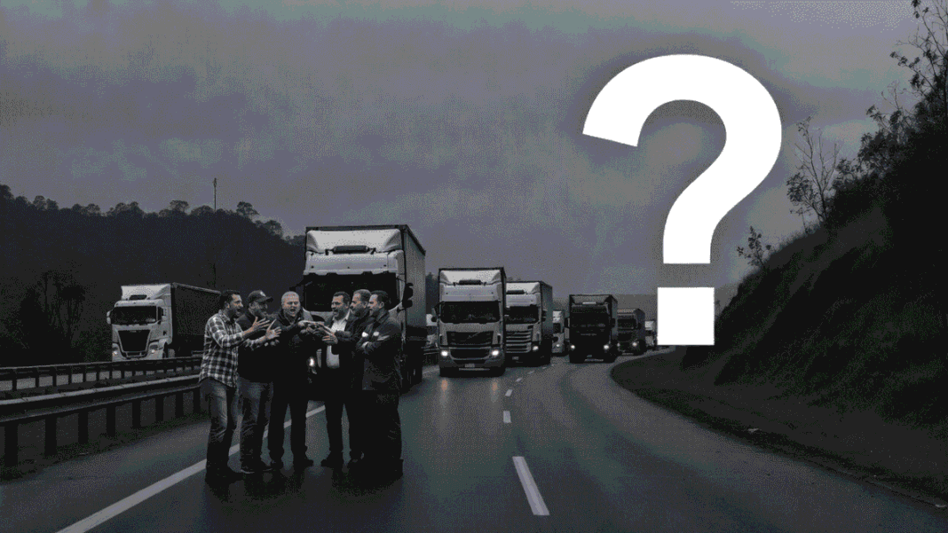 Caminhoneiros greve e caminhões analisando logistica