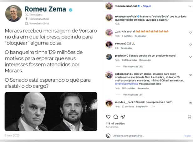 Gilmar Mendes critica Zema e reacende debate sobre limites constitucionais da atuação de ministros do STF 1 mensagem de romeu zema sobre moraes
