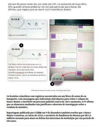 mensagens de visualização única entre Moraes e Vorcaro