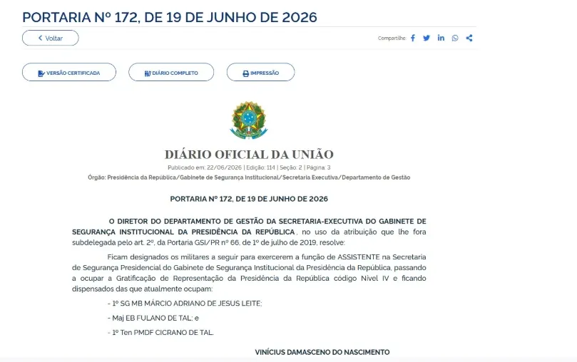 portaria publicada no Diário Oficial da União (DOU) pelo GSI do governo Lula um órgão vinculado à Presidência da República c
