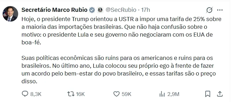 EUA falam em falta de "boa-fé" de Lula; tarifa da Seção 301 derruba Bolsa e amplia pressão sobre ativos brasileiros 1 LULA NAO TEM BOA FE COM EUA