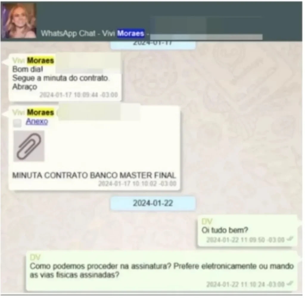 PF encontra WhatsApp em que esposa de Moraes envia minuta de contrato de R$ 131,2 milhões a Vorcaro do Banco Master 1 mensagem do contrato da esposa de moraes e vorcaro do banco master
