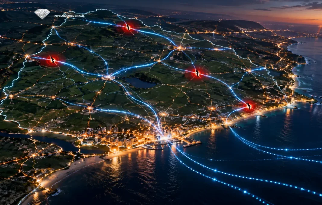 Mapa do Uruguai com rede de fibra óptica e pontos de interrupção representando falhas na conectividade da Antel