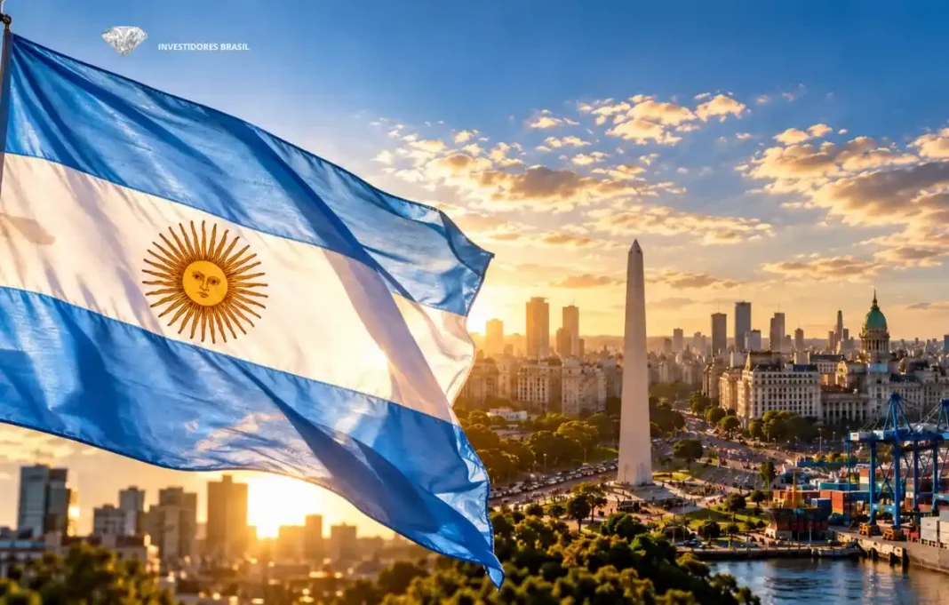Bandeira da Argentina sobre Buenos Aires em matéria sobre queda da inflação e impacto nos negócios no Cone Sul